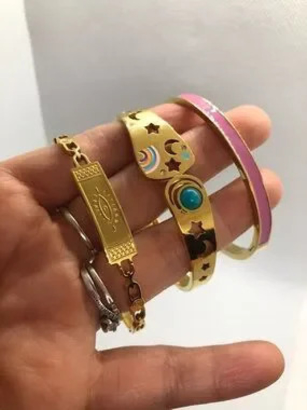 Gold Tone Pink Enamel and Turquoise Accent Women's Bracelet Set